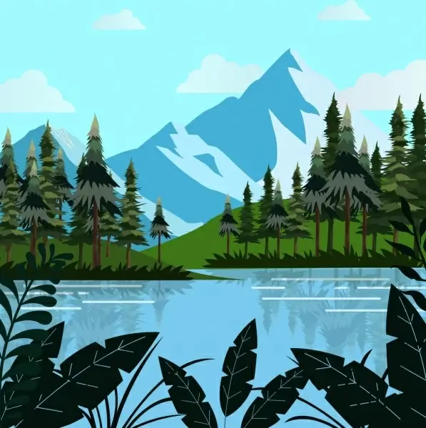 natural landscape drawing mountain lake trees decoration