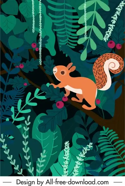 nature background squirrel jungle sketch colorful flat design