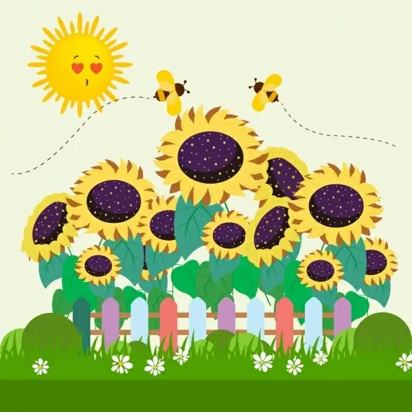 nature drawing stylized sun sunflower honeybee icons