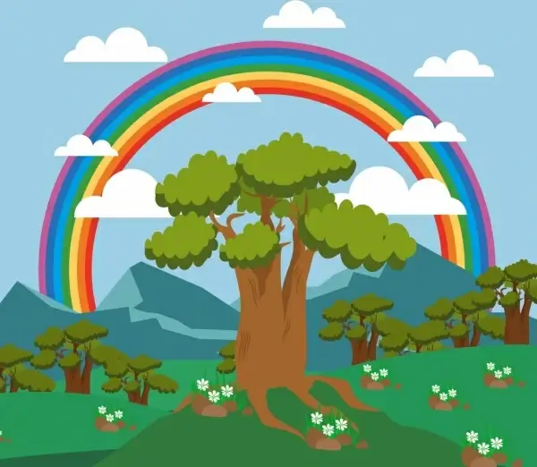 nature landscape background colorful rainbow tree mountain icons