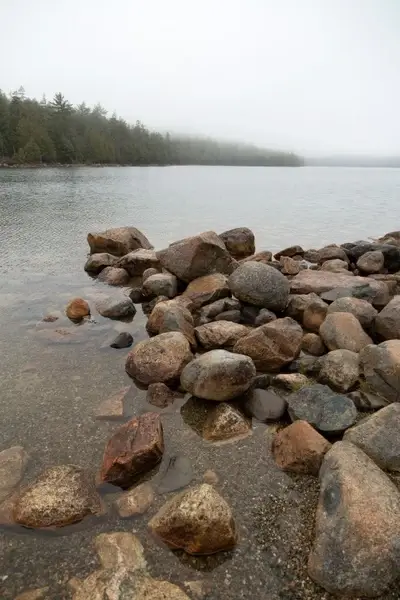 nature landscape rocks water lake trees rain fog