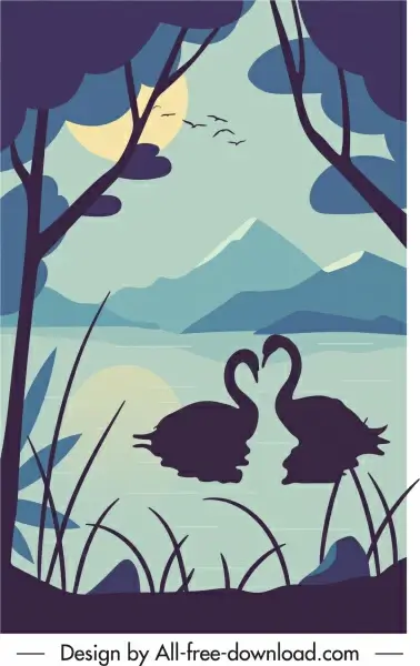 nature scenery painting swans lake sketch dark classic