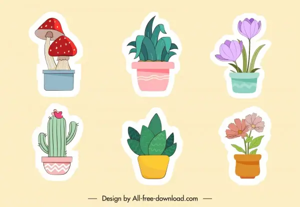 nature stickers colored flat pots sketch