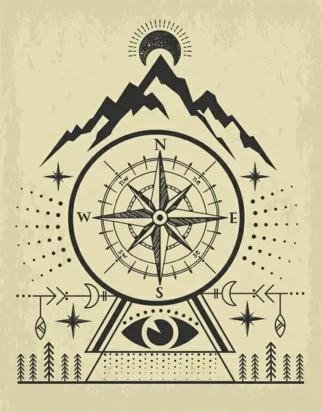 navigation background compass mountain icons retro handdrawn design