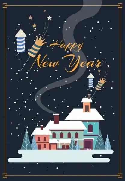 new year banner snow houses icons classical design