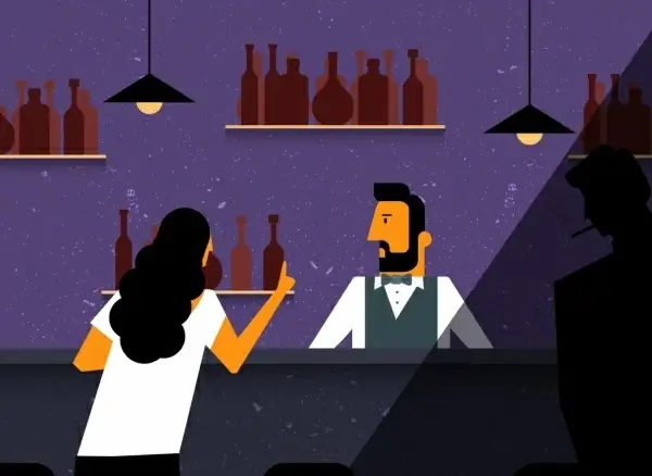 night bar drawing bartender guest icons colored cartoon