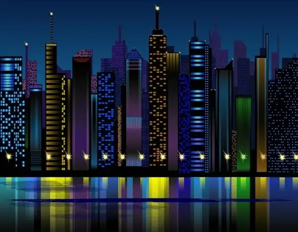 night city background skyscrapers icons colorful reflection decor