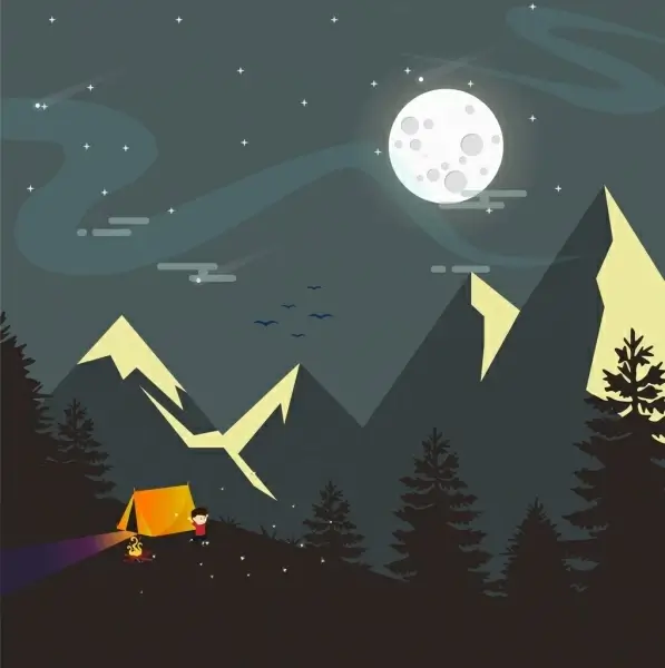 night mountain landscape drawing moonlight tent icons decor