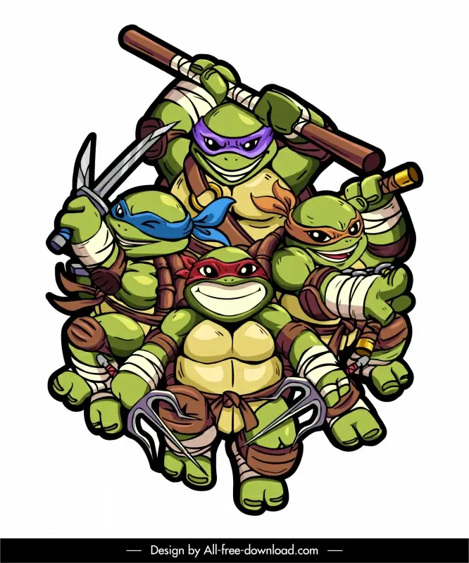 ninja turtle fighters icon funny stylized cartoon characters sketch