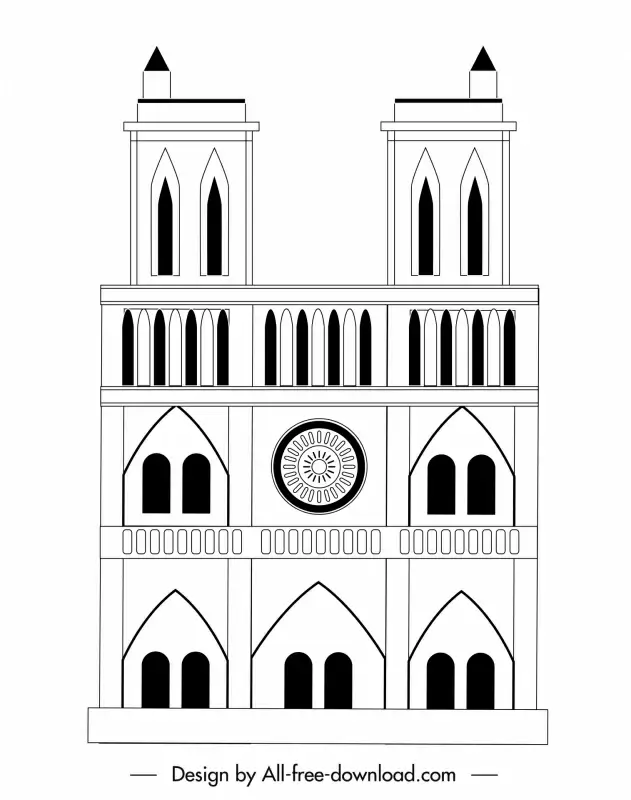 notre dame cathedral template geometric sketch flat symmetric black white outline 