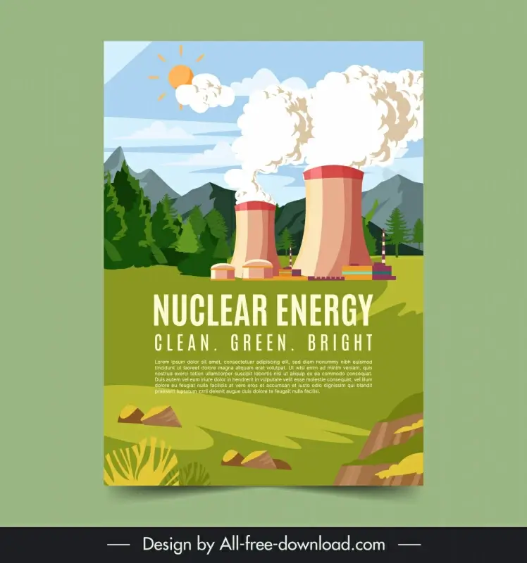 nuclear power energy poster template smoke chimney plant scene 