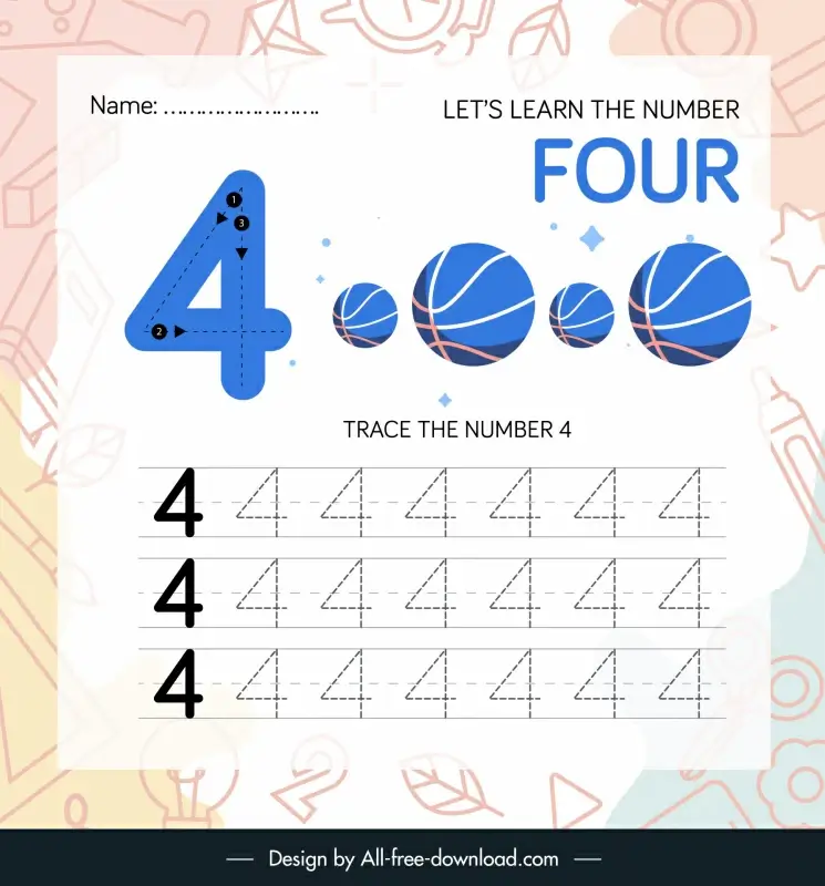 number four worksheet for kids education template flat study elements sketch