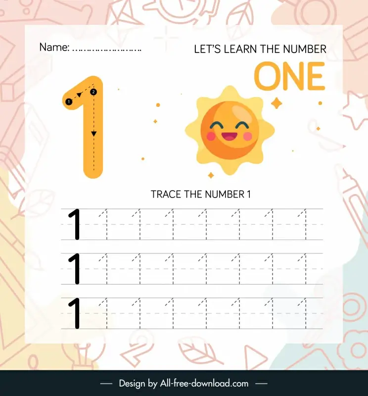 number one worksheet for kids template cute stylized sun face sketch
