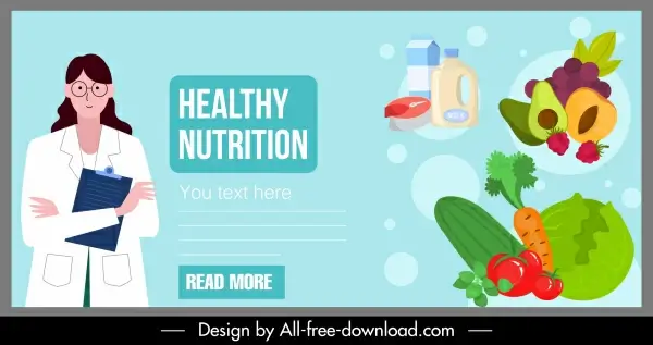 nutrition food banner doctor vegetable fruits dairy sketch