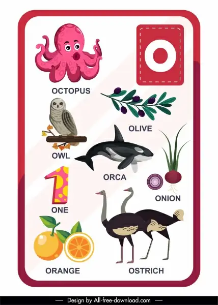 o alphabet education template animal plants number sketch