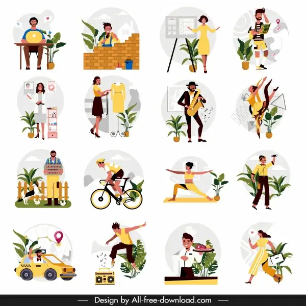occupation icons human activities sketch cartoon characters