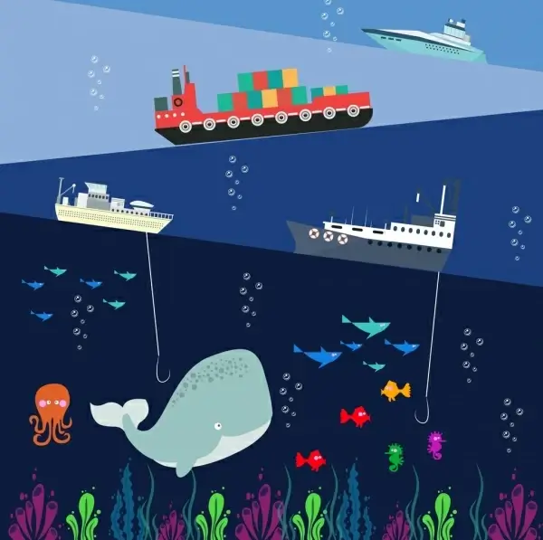 ocean activities background colorful layers ship fish icons