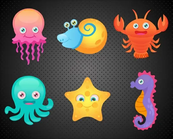 ocean animal icons collection with color illustration