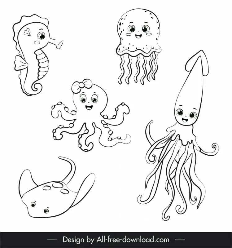ocean animals icons cute black white handdrawn cartoon outline 