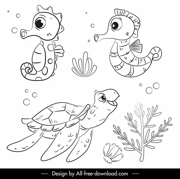 ocean animals icons seahorse turtle sketch handdrawn cartoon