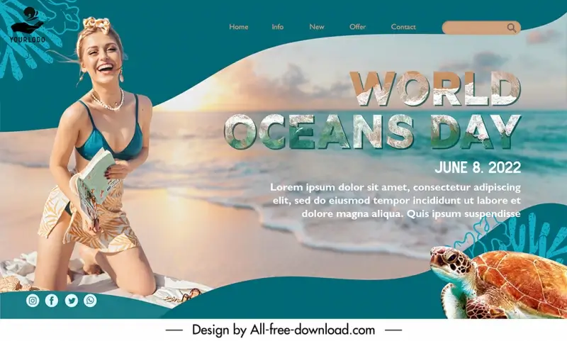 ocean day landing page template beautiful sea scene bikini girl tortoise sketch dynamic realistic design 