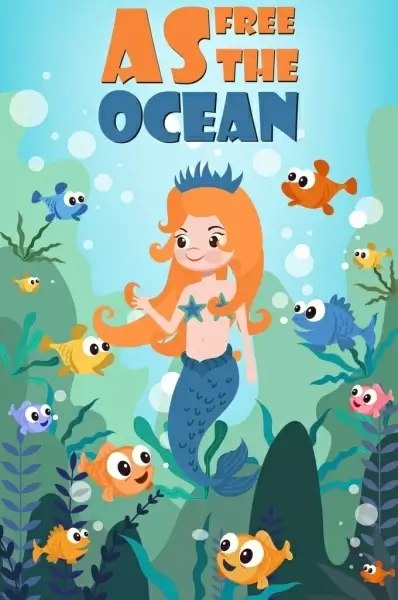 ocean projection banner fishes mermaid icons colored cartoon