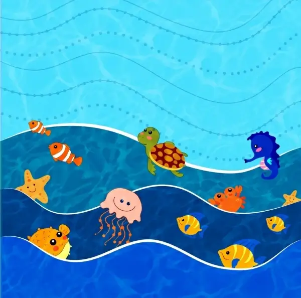 ocean world background various animals icons stylized cartoon