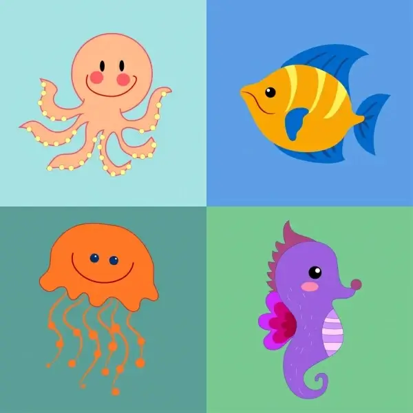 octopus seahorse jelly fish icons colorful cartoon isolation