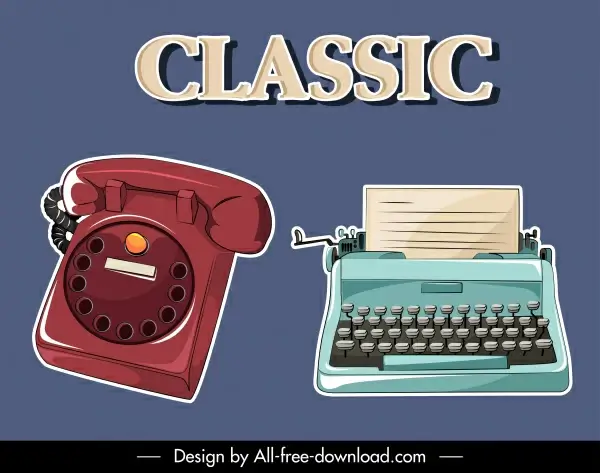office devices icons retro telephone typewriter sketch