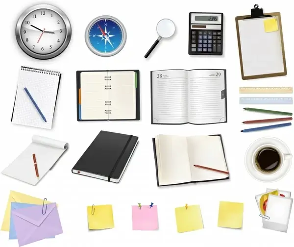 office stationary icons colored modern realistic design
