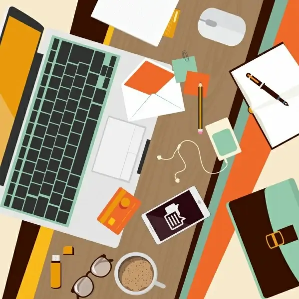 office work background messy desk tool objects icons