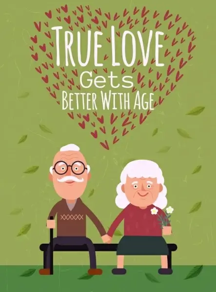 old love banner elderly couple icons hearts decoration
