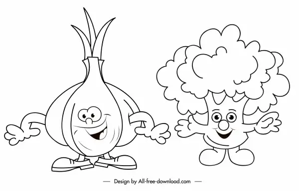 onion brocoli icons funny stylized handdrawn sketch