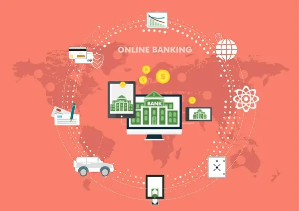 online banking infographic with icons and circle design