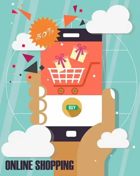 online shopping banner smartphone hand sales design elements