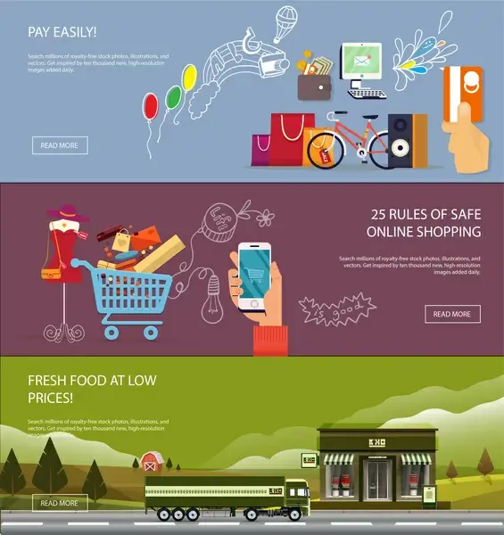 online shopping banners with various colorful flat vector