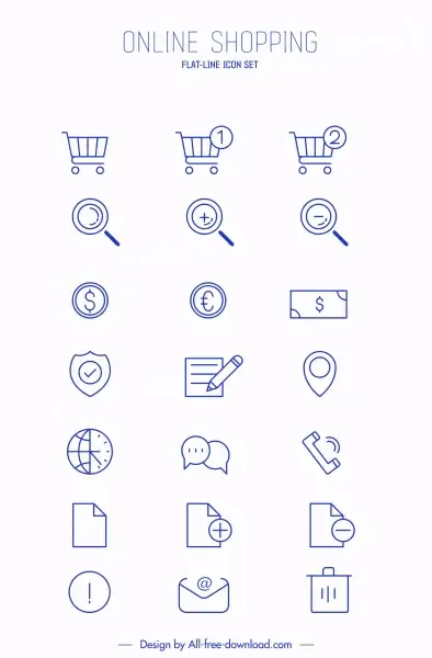 online shopping icons collection simple flat sketch