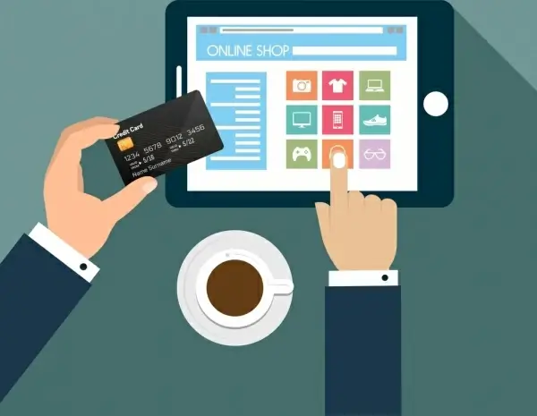 online shopping poster hand holding credit card icon