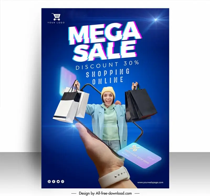 online shopping poster template happy female shopper hand smartphone 