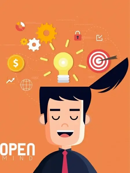 open minded concept drawing man head lightbulb icons