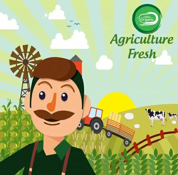 organic agriculture products advertising farmer field icons