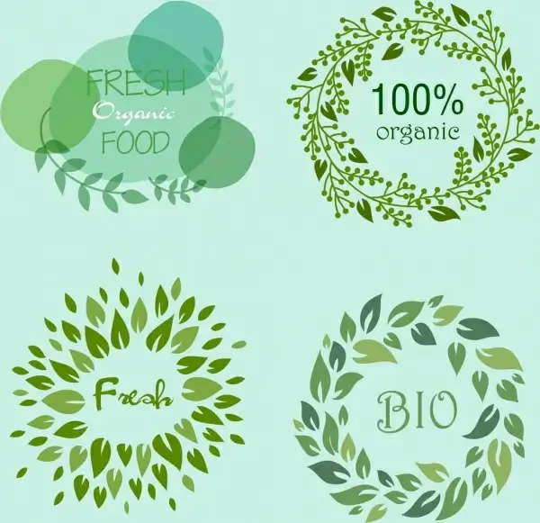 organic food logotypes green leaves circle decor