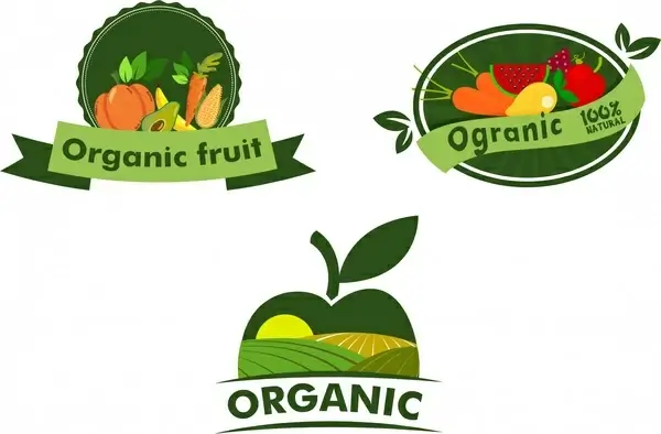 organic fruits logo sets various shaped symbol elements