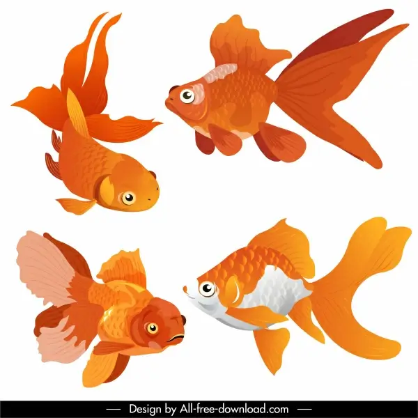ornamental fish icons yellow decor swimming motion sketch