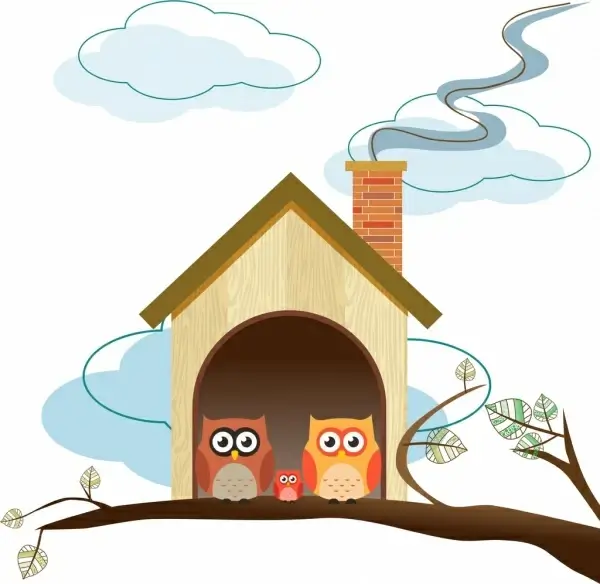 owls family background colorful cartoon sketch cottage icon
