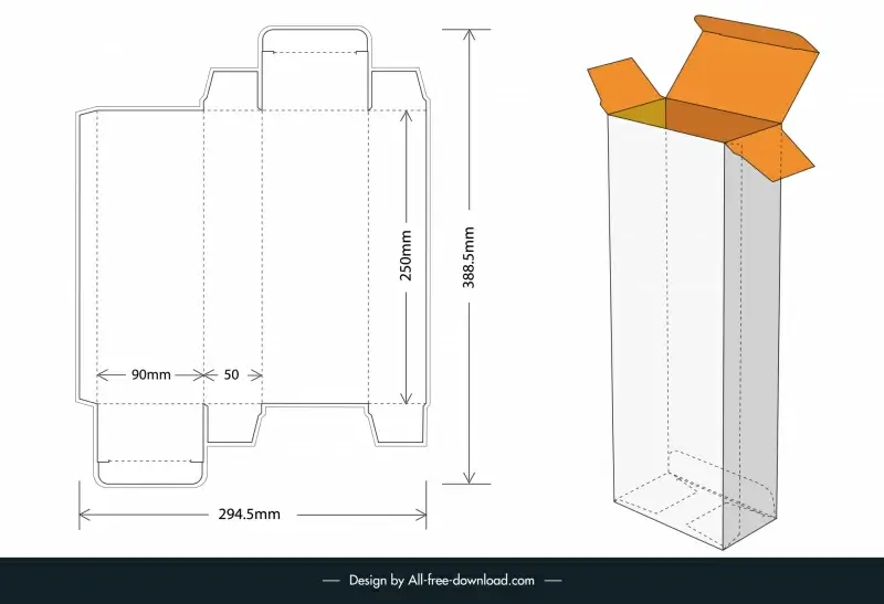packaging box measurement 9x5x25cm template simple internal and cut sample 3d flat sketch