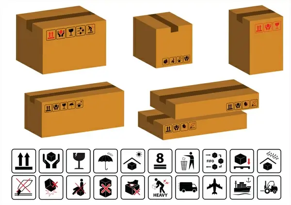 packaging symbols or cardboard icons with boxes illustration
