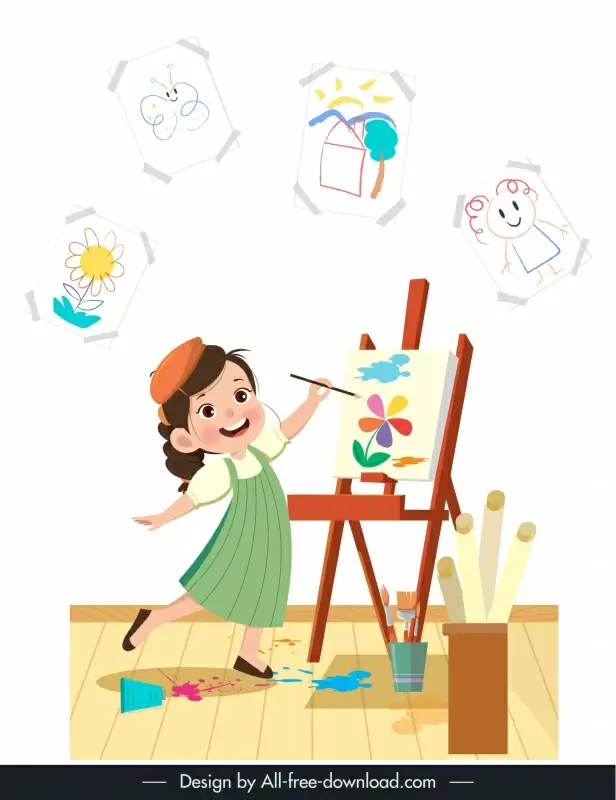painting backdrop dynamic little girl cartoon