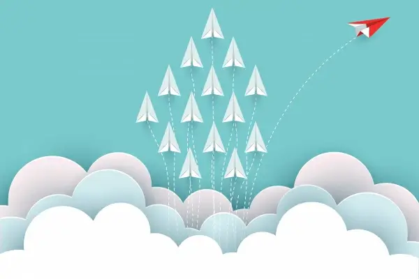 paper airplane red and white are fly up to the sky between cloud natural landscape go to target startup leadership concept of business success creative idea illustration vector cartoon