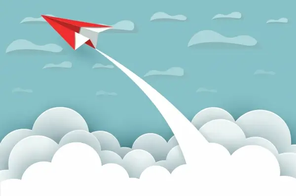 paper airplane red fly up to the sky between cloud natural landscape go to target startup leadership concept of business success creative idea illustration vector cartoon